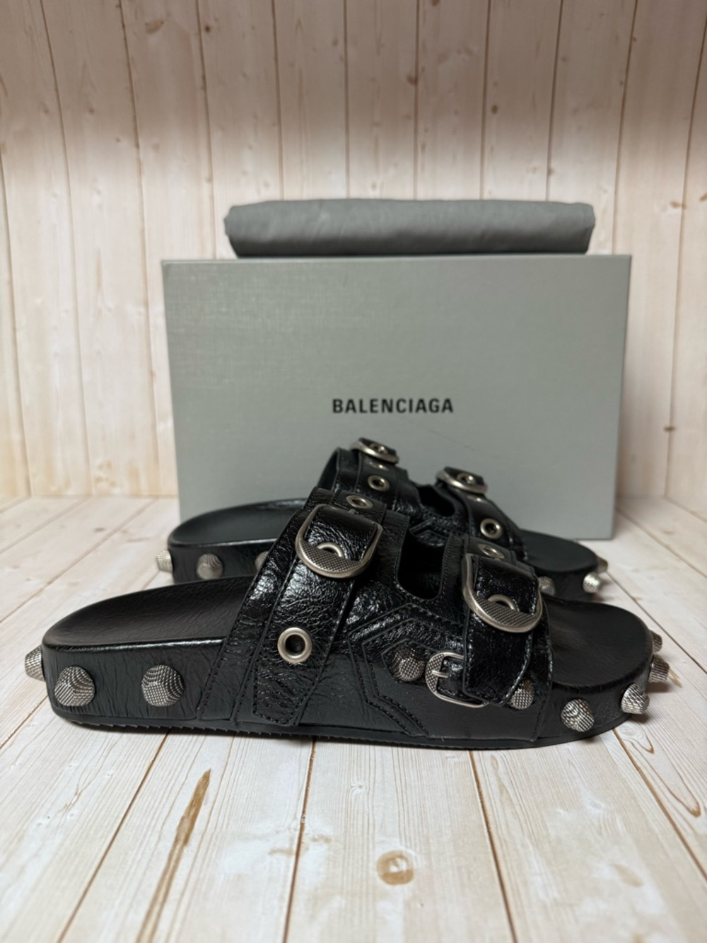 Balenciaga Agneau Arena Cagole Leather Slide Sandals Black Sz 40 / 7 - Picture 3 of 12